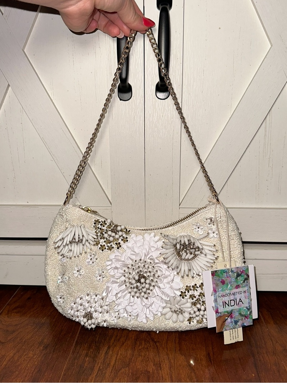 Handcrafted in India Floral Beaded Shoulder Bag in Beige & White